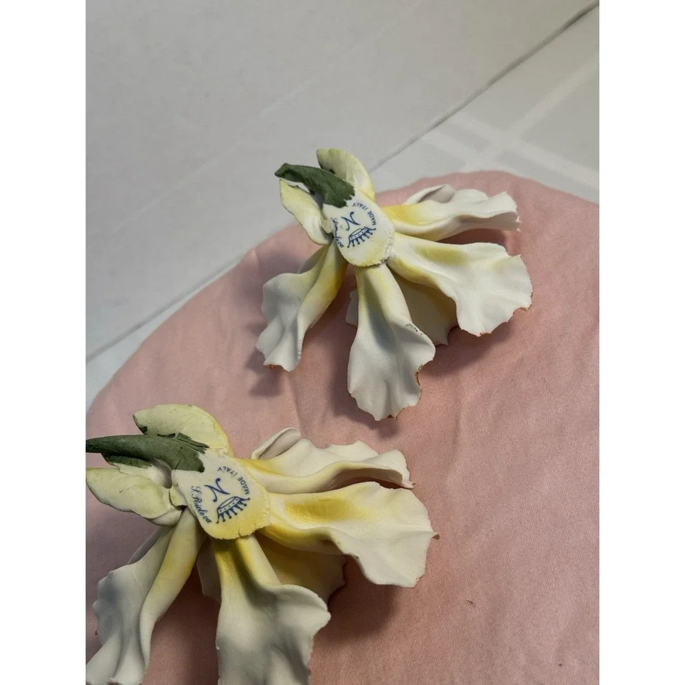 2 Vintage Capodimonte Porcelain Orchid‎ Flower Delicate Bisque Yellow & White